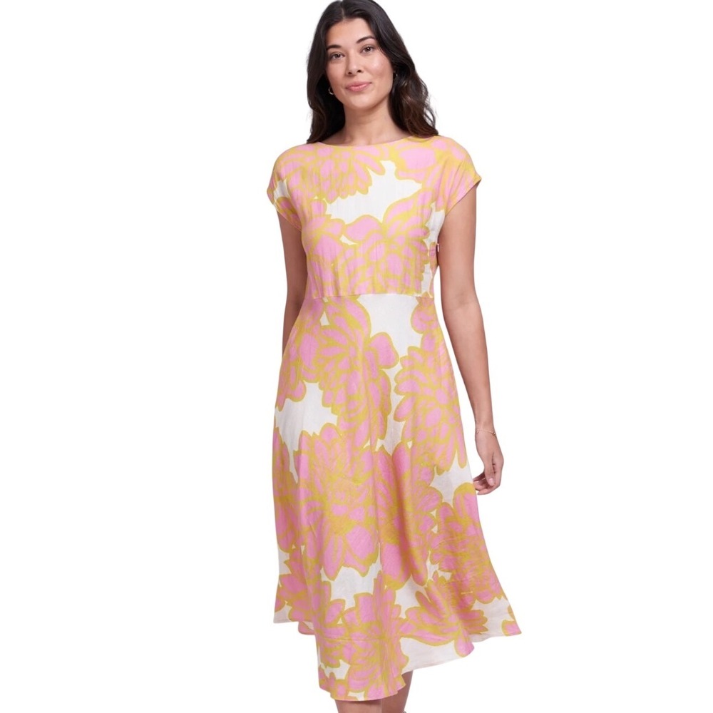 Foil Linen Midi Dress Size 10 Pink Yellow Floral Cap Sleeve Boat Neck A-Line